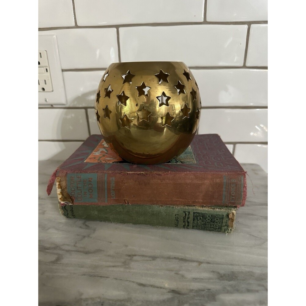 Brass Tealight Vintage Votive Candle Holder with Star Cutouts Celestial 4.5”